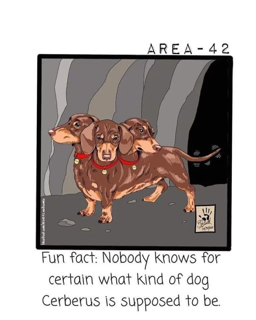 Illustration of three-headed dog Cerberus as dachshund with fun facts about learning interesting and fun facts.