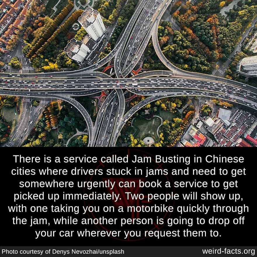 Aerial view of busy highway interchange illustrating fun facts about unique services in traffic jams.