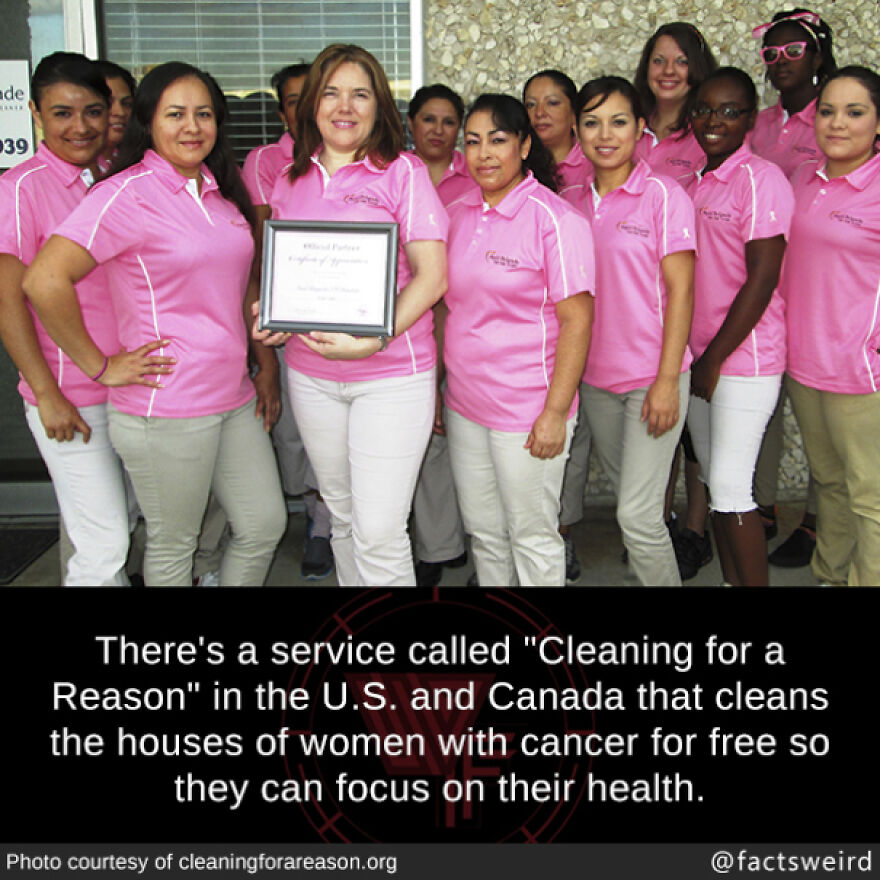 Group of women in pink shirts presenting certificate for a cleaning service supporting women with cancer, sharing surprising fun facts.