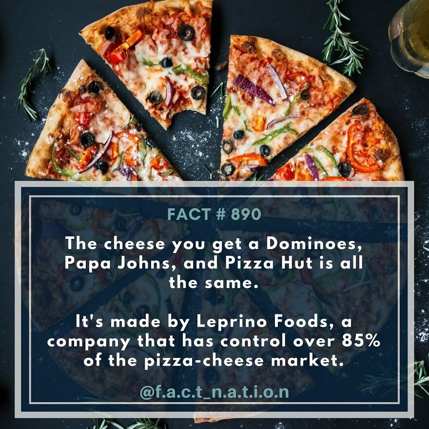 Slices of pizza with cheese fact overlay, highlighting interesting and fun facts about popular pizza cheese brands.