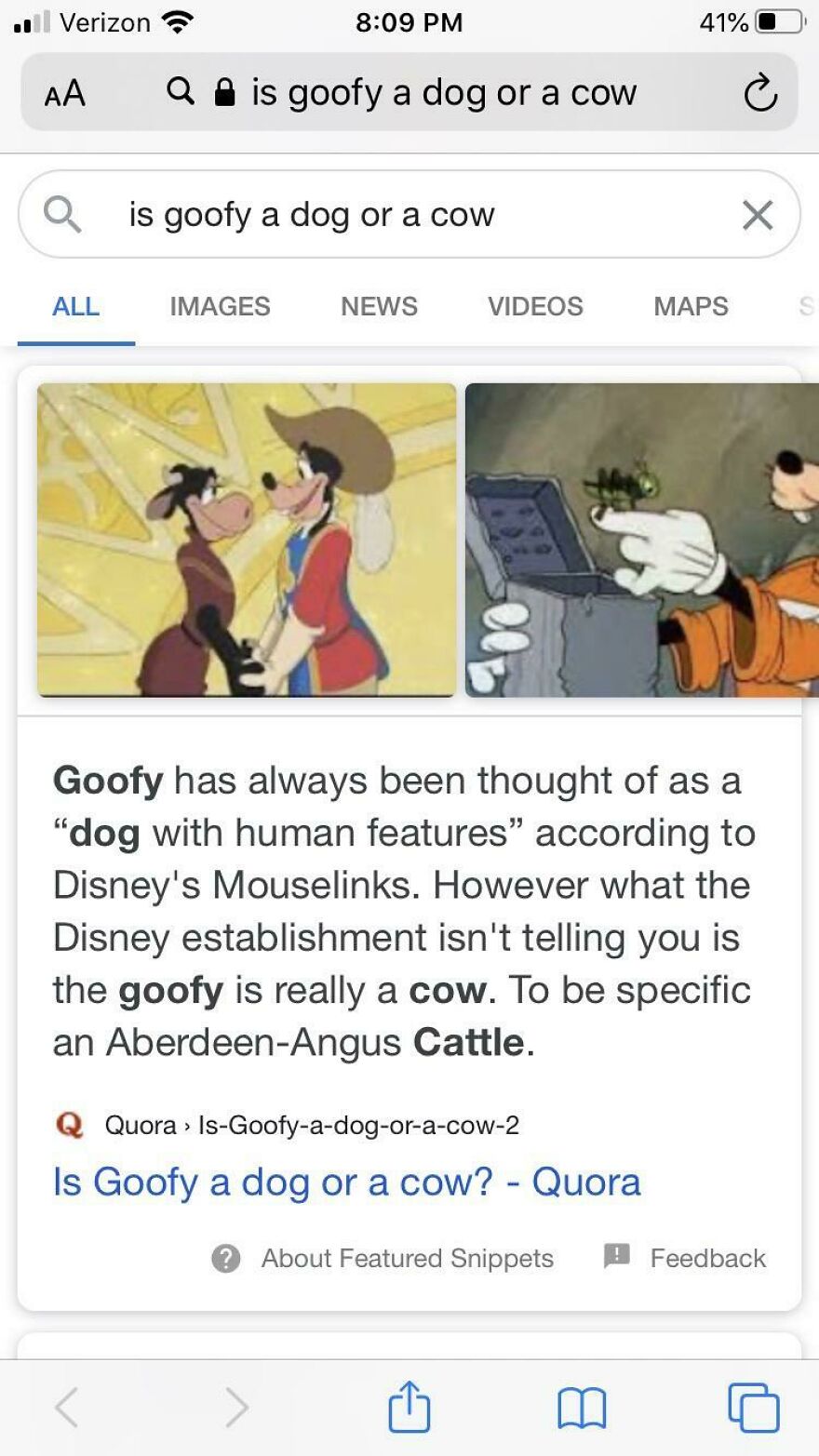 Screenshot of a search result explaining whether Goofy is a dog or a cow with interesting and fun facts.