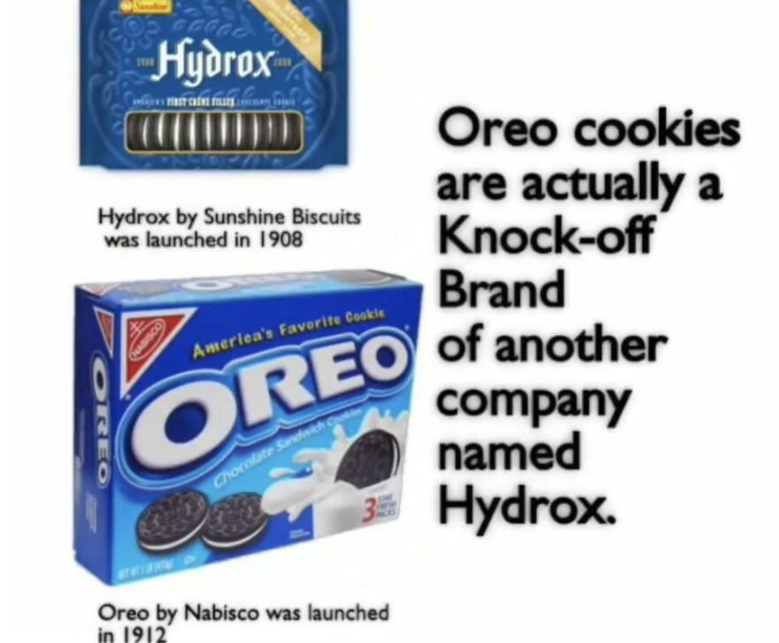 Comparison of Hydrox and Oreo cookie boxes highlighting fun facts about the history of popular snack brands.