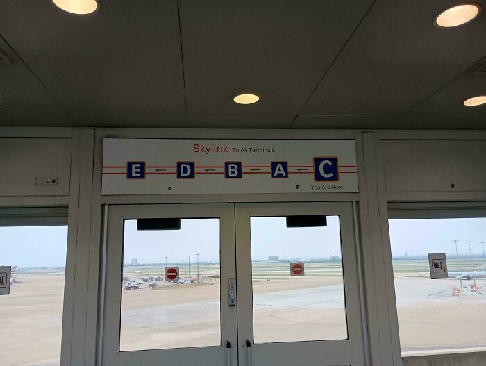 An airport sign for Skylink to All Terminals (E, D, B, A, C) above a door, showing airport chaos.