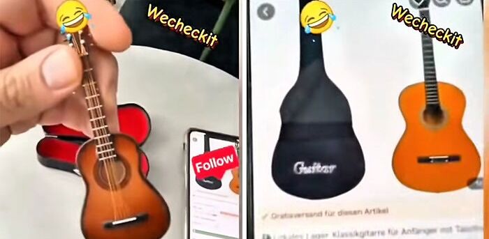 Miniature guitar ordered from Temu, showing the difference between the product and the online listing in a funny review.