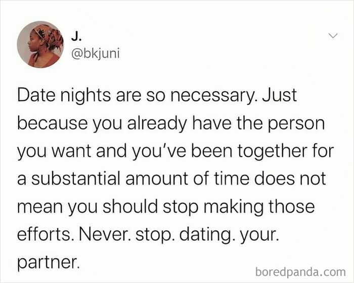 Tweet about the importance of date nights and maintaining efforts in romantic relationships for lasting connection.