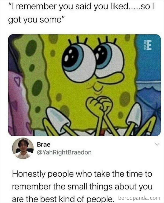 SpongeBob expressing joy with text about remembering small things, illustrating romantic relationships memes humor.