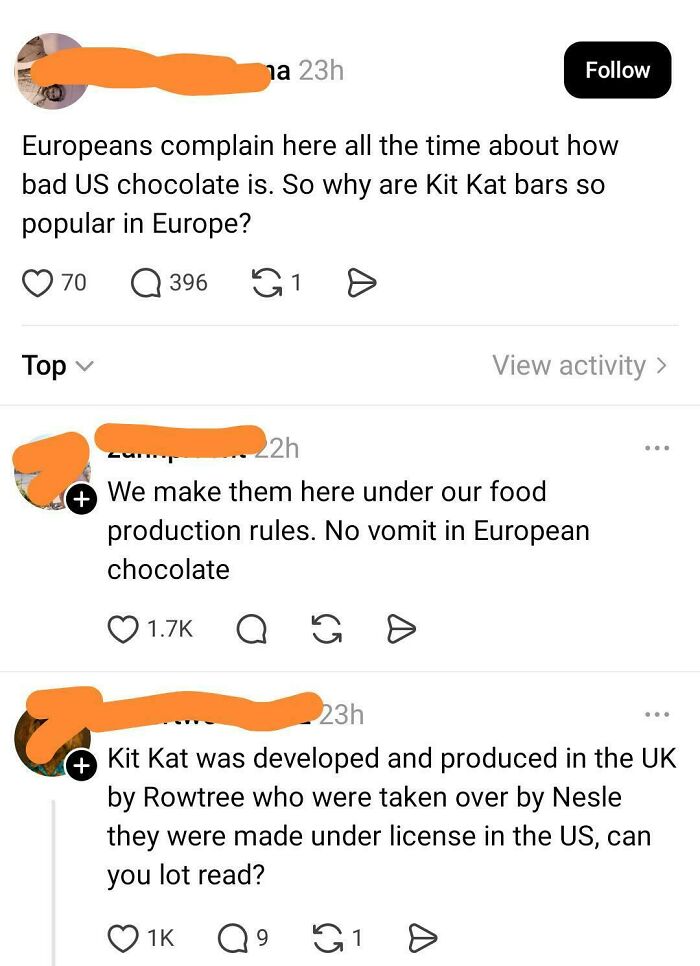 Social media thread showing Americans Confidently Posted questions about Kit Kat bars, corrected by Europeans.
