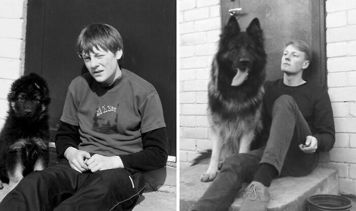 Black and white photos show a child with a German Shepherd puppy, then an adult with the grown-up pet.