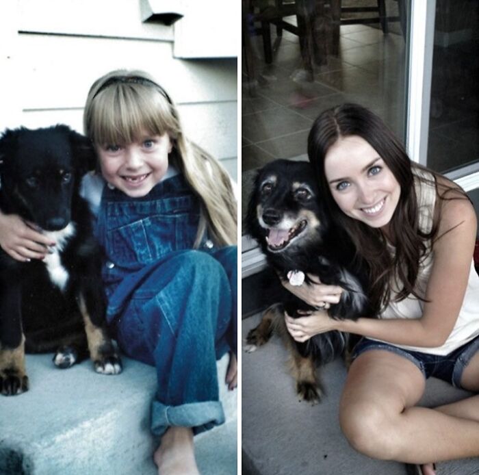 A young girl and her puppy transform into a woman and her grown-up dog, showcasing precious photos of pets.