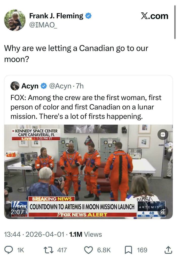 An online post from Americans Confidently Posted online, questioning why a Canadian is joining a lunar mission.