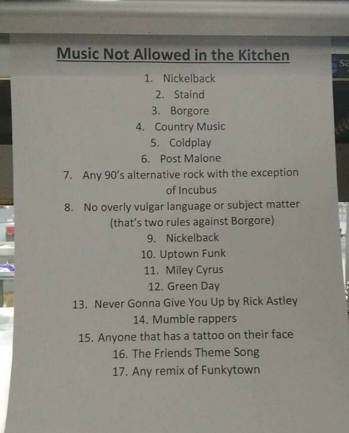 A list titled "Music Not Allowed in the Kitchen" with 17 oddly specific rules, highlighting funny regulations.