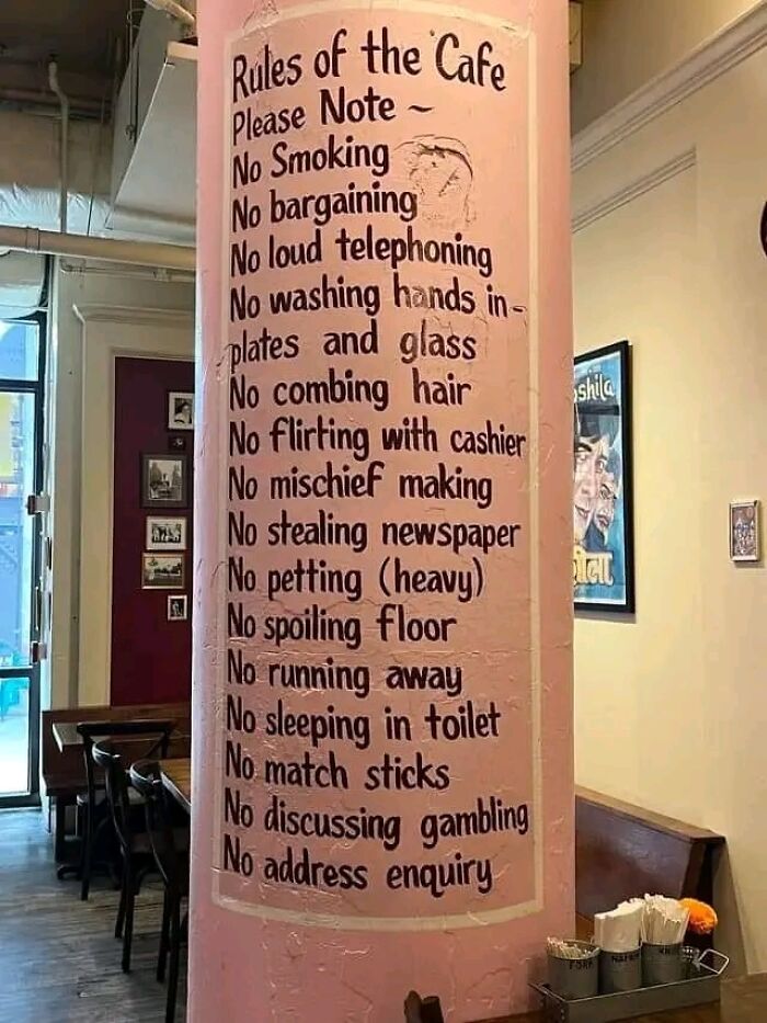 A cafe pillar with oddly specific rules, like "No washing hands in plates" and "No petting (heavy)." Underwear must be worn rules.