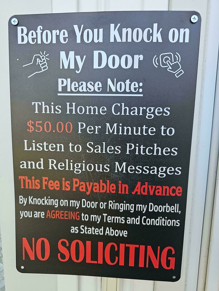 A humorous black sign with specific rules: 50$ per minute for sales pitches. A funny example of oddly specific rules.
