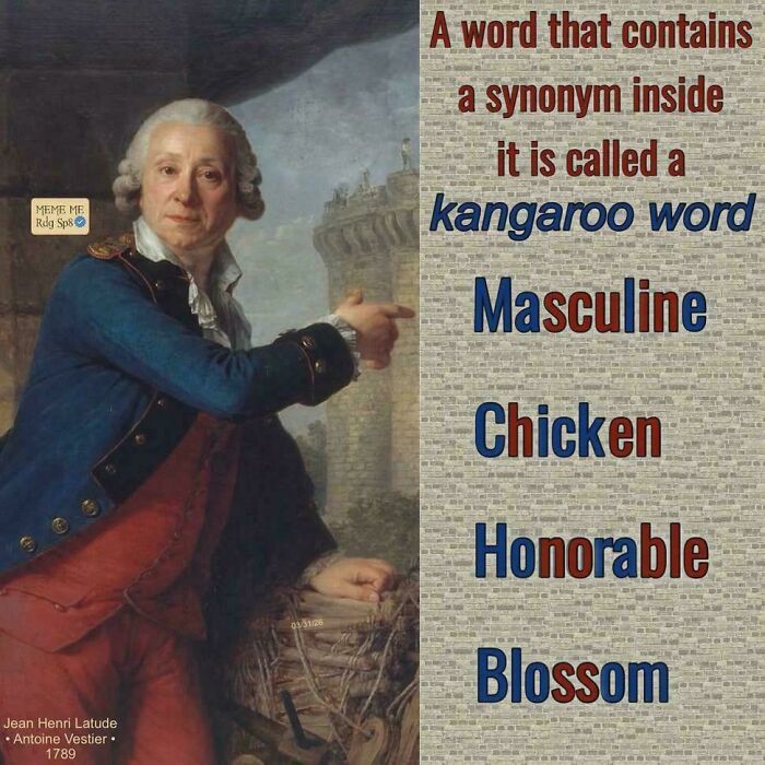 A historical painting next to a text about kangaroo words, with a blurred Meme Me Raj Spa watermark, a funny You Had One Job fail.