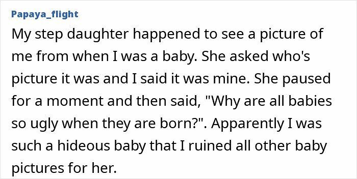 Alt text: Screenshot of a kid accidentally roasting a grown-up by calling their baby picture ugly with no filter.