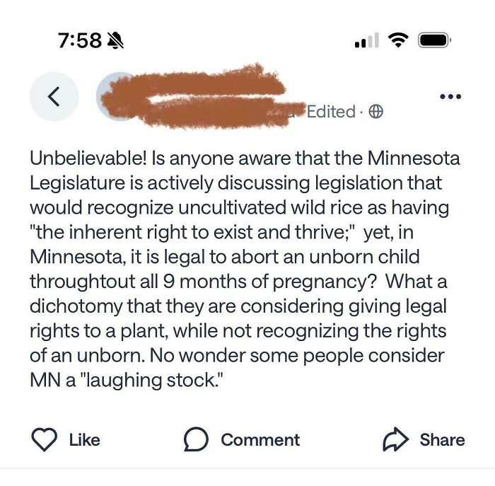 Hilarious neighborhood online community screenshot about Minnesota legislation and wild rice rights versus unborn children.