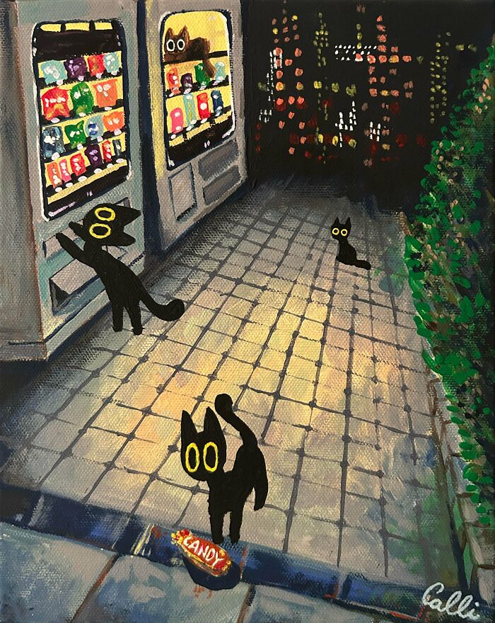 Handmade projects painting: cartoon black cats trying to get candy from a vending machine in a city alley at night.