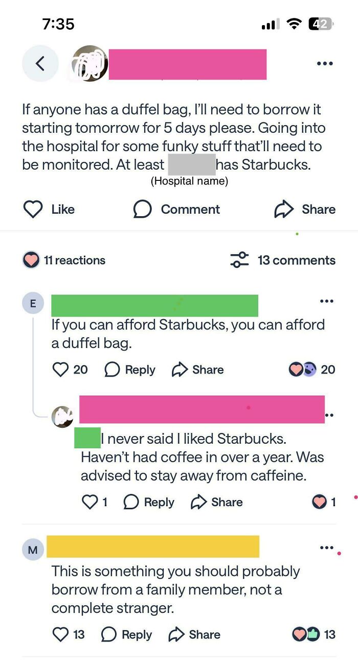 A screenshot of a hilarious neighborhood online community post discussing borrowing a duffel bag for a hospital stay and Starbucks.