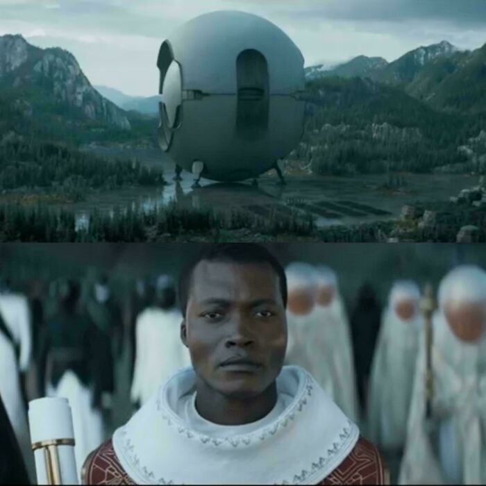 A split image featuring a spherical spacecraft in a lush, mountainous landscape above, and a serious man in ceremonial robes below. Hilarious movie details.