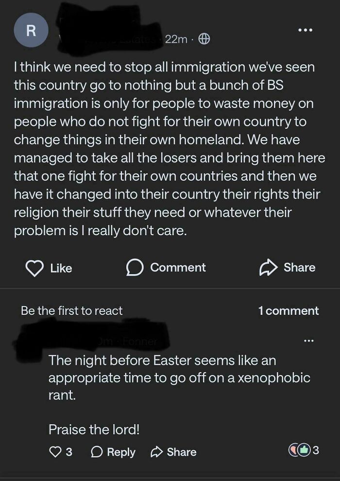 A screenshot of a wild neighborhood online community post with a xenophobic rant and a comment about Easter.