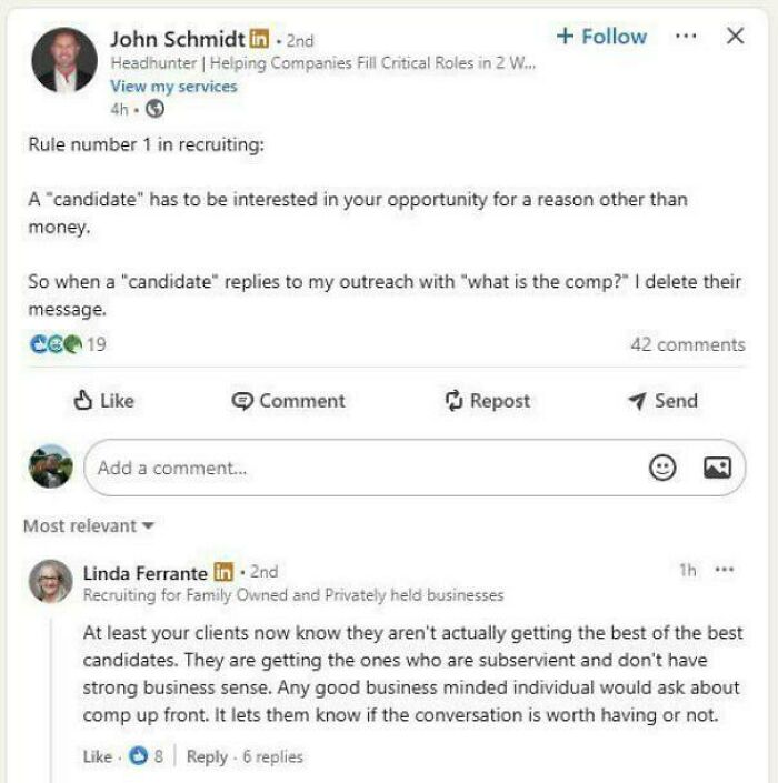 A LinkedIn post from John Schmidt about recruiting, with comments from Linda Ferrante, highlighting challenges in recruiting hell.