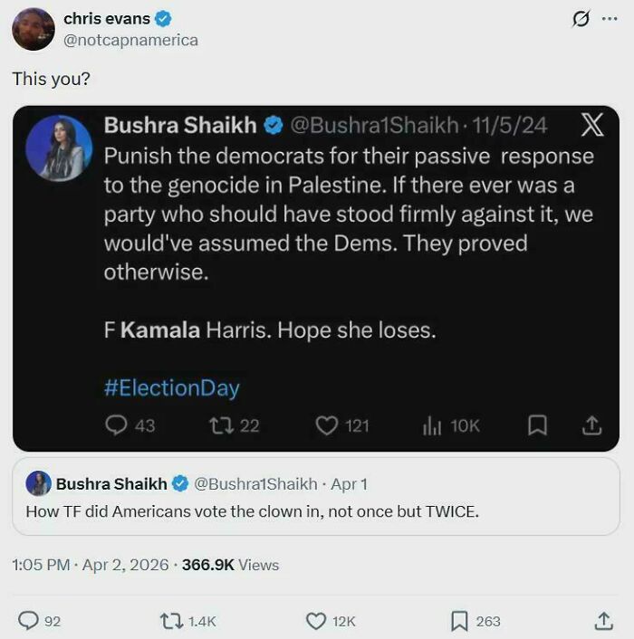 A tweet from Chris Evans questioning a tweet by Bushra Shaikh, highlighting a chaotic good post from real life.