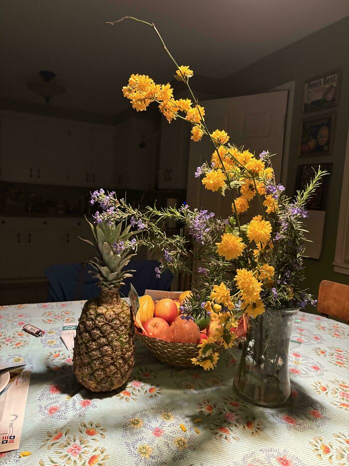 A still life of flowers and fruit reminiscent of an Accidental Renaissance masterpiece.