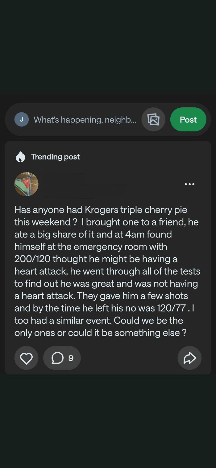 A screenshot of a hilarious neighborhood online community post about a Kroger's pie causing a heart attack scare.