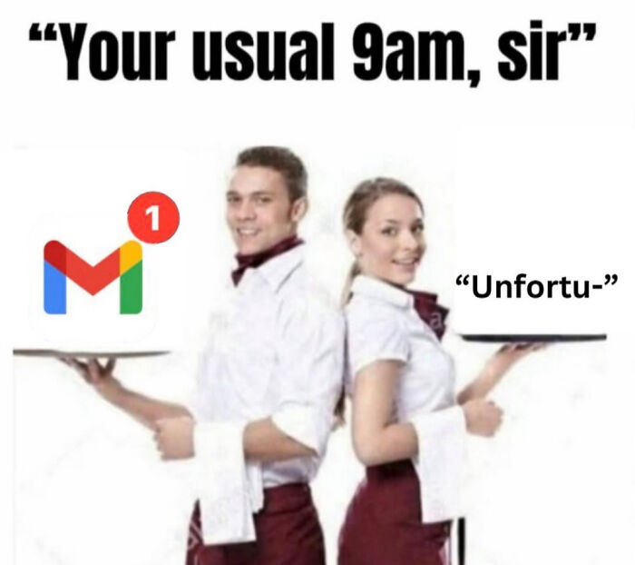 A meme depicting a server bringing a new job email, satirizing the intensity of recruiting hell.
