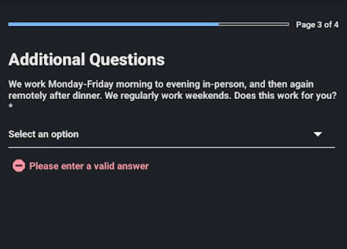 Online form with additional questions about extensive working hours, indicating the recruiting hell of a new job.