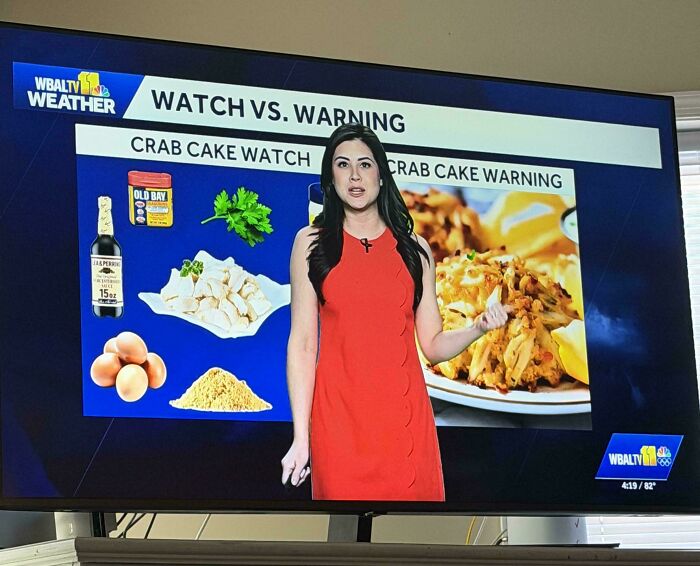 Weather presenter explaining crab cake watch and warning with ingredients shown, capturing essence of Maryland in US states pictures.