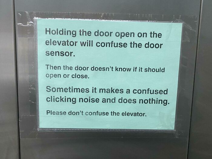 A sign in an elevator with oddly specific rules about not confusing the door sensor. It's a funny rule.