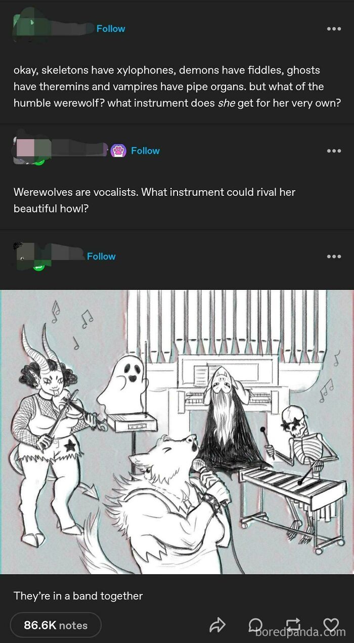 Sketch of supernatural characters in a band playing instruments, showcasing Tumblr artists' creative art style online.