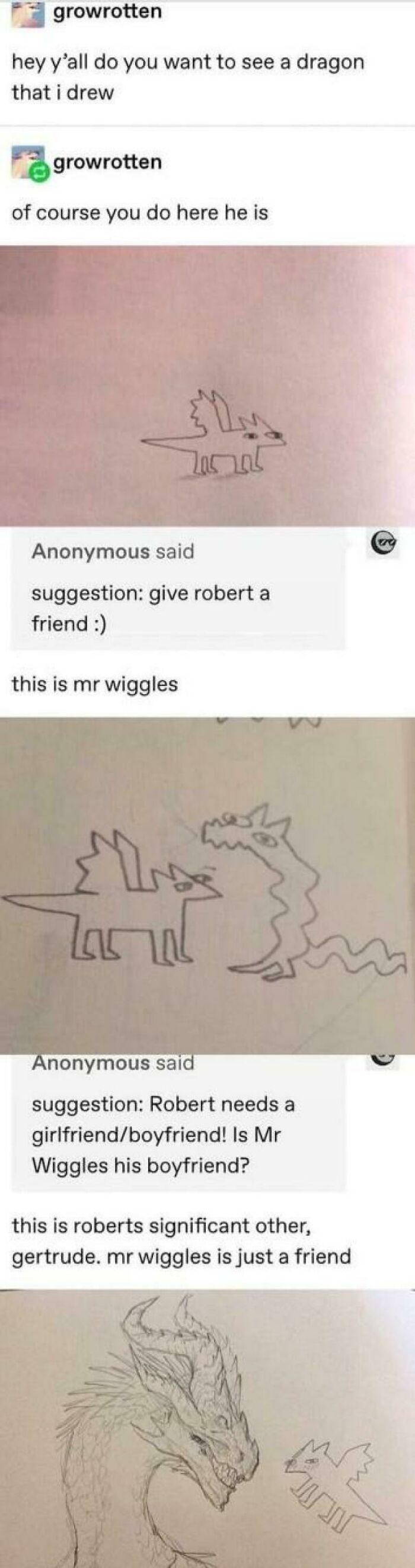 Tumblr artists share charming dragon drawings including Robert, Mr Wiggles, and Gertrude with playful character stories.