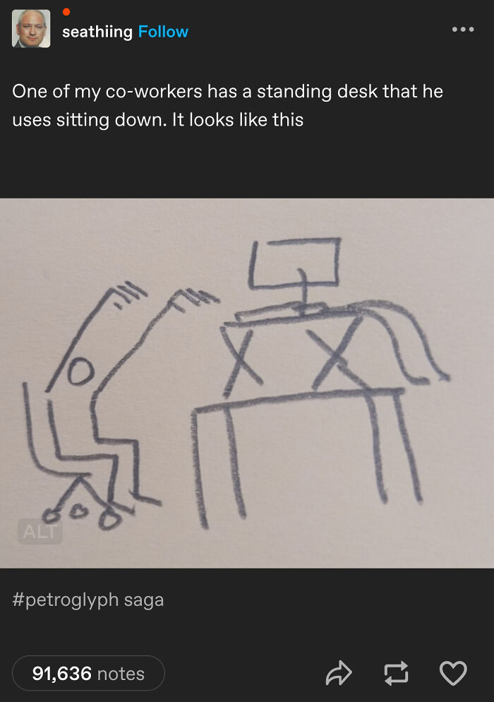 Simple line drawing by Tumblr artist showing a person sitting at a standing desk with a computer, digital art style.