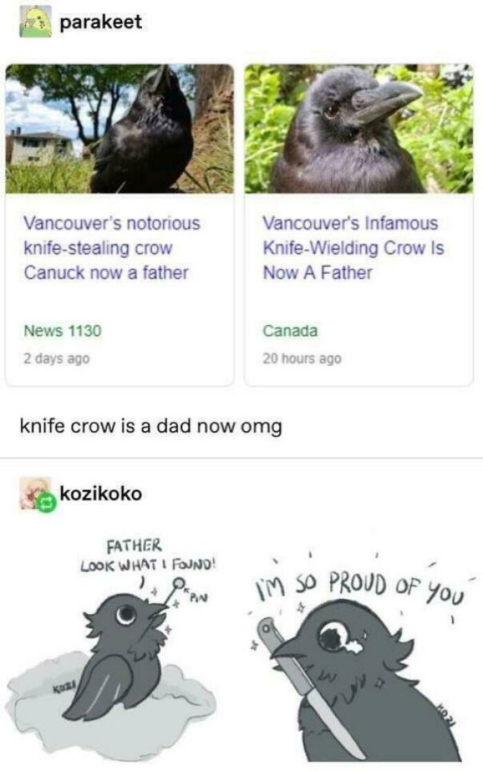 Funny Tumblr artist drawing of a knife-wielding crow becoming a father, showcasing creative internet art humor.