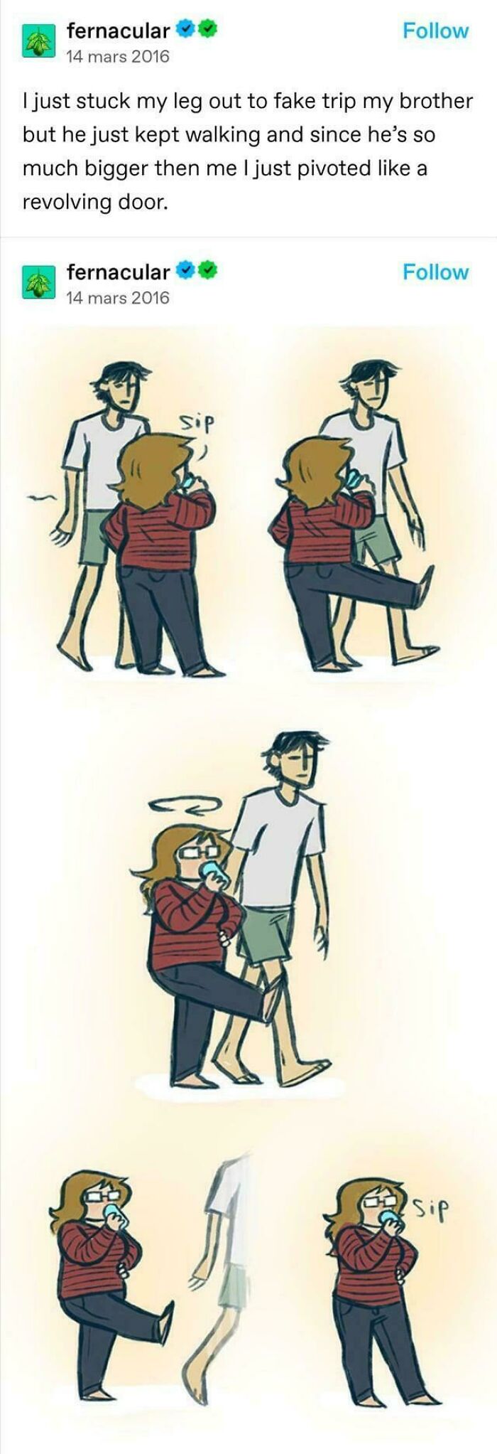 Tumblr artist comic shows a playful fake trip that turns into a humorous revolving door moment.