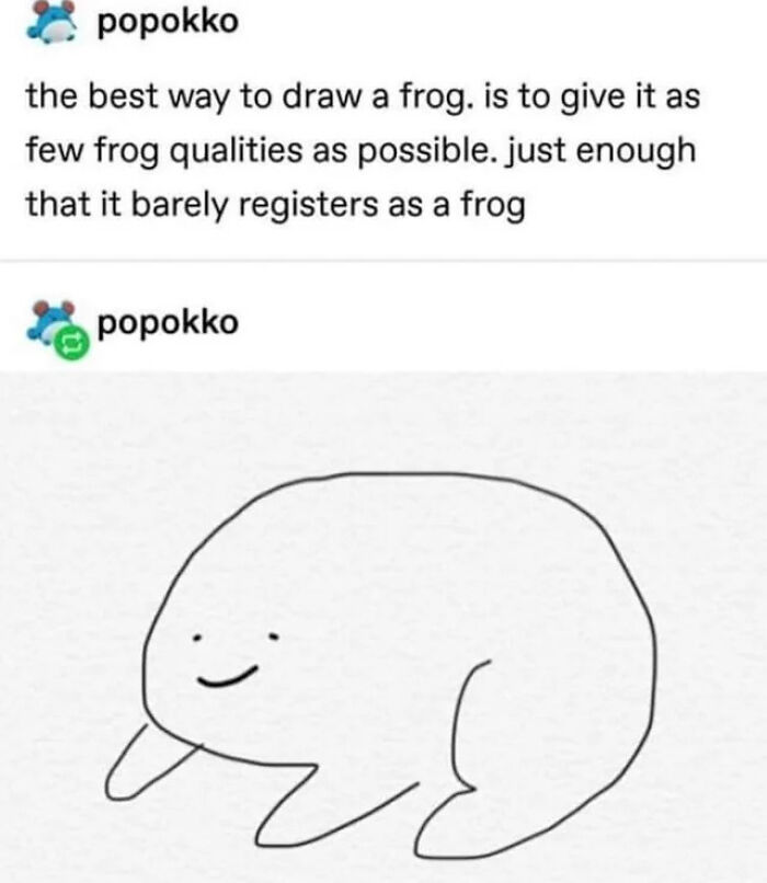 Minimalist frog drawing by Tumblr artist popokko, capturing the essence with few frog qualities and a simple smile.