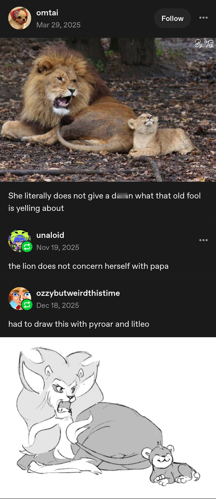 Photo of a lion and cub with Tumblr art and comments by popular Tumblr artists enhancing the internet experience.
