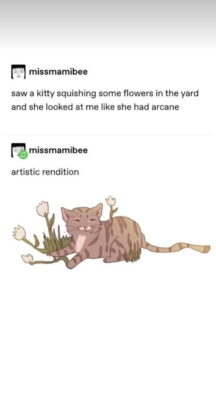 Tumblr artist missmamibee’s drawing of a cat squishing flowers with an arcane expression in a yard.