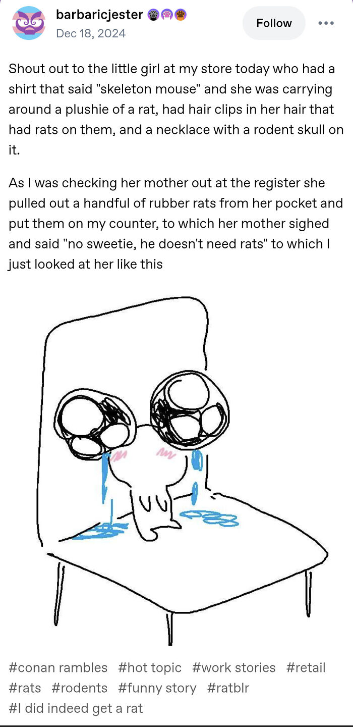 Tumblr artist shares funny retail story with sketch of crying character, showcasing creativity in internet art community.