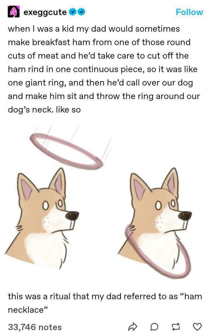 Tumblr artist drawing a dog catching a ham rind ring around its neck in a charming illustrated story.