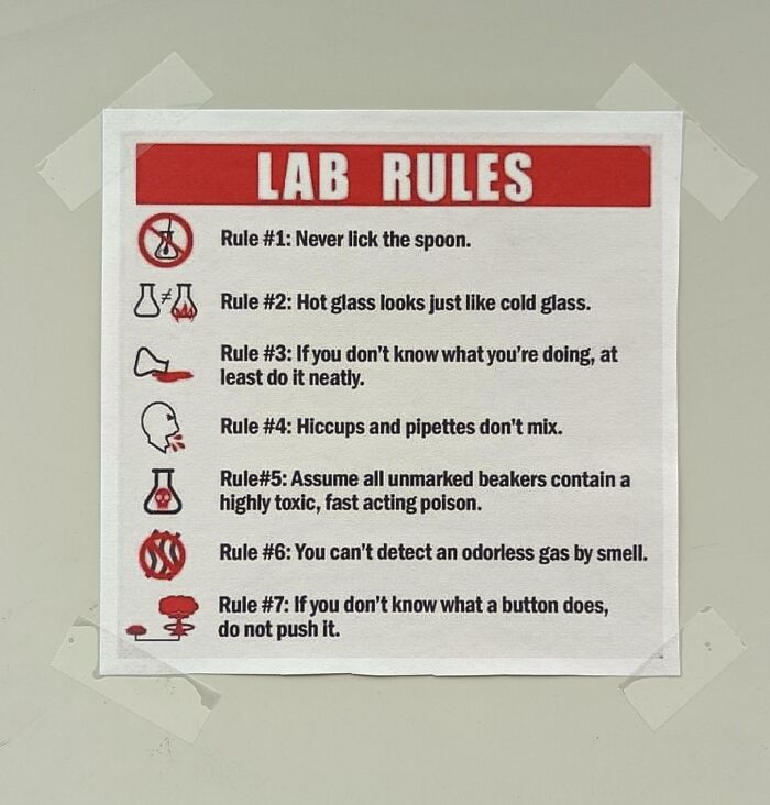 A funny Lab Rules sign with specific rules like 'Never lick the spoon,' illustrating oddly specific rules.