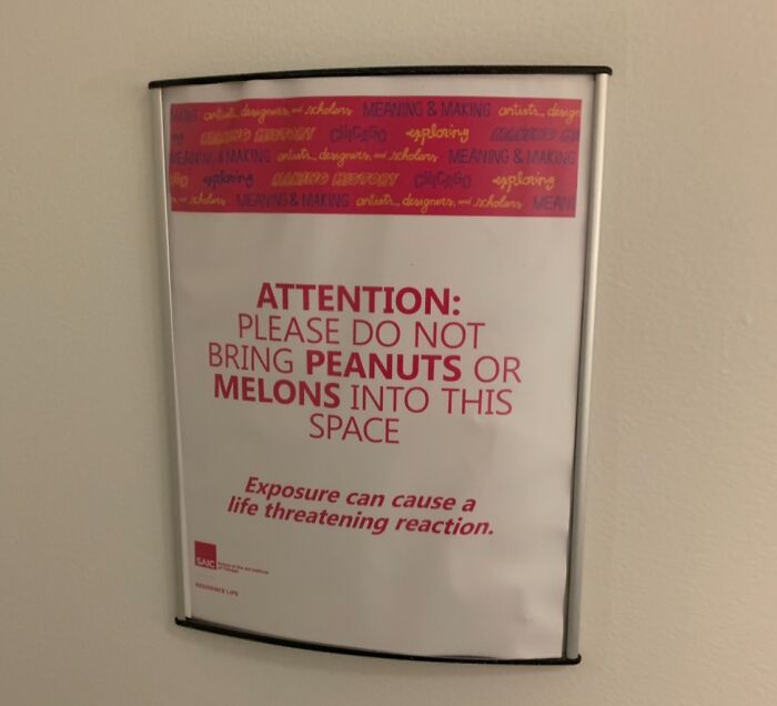 A sign states "ATTENTION: PLEASE DO NOT BRING PEANUTS OR MELONS INTO THIS SPACE." One of 65 oddly specific rules, it warns of life-threatening reactions.