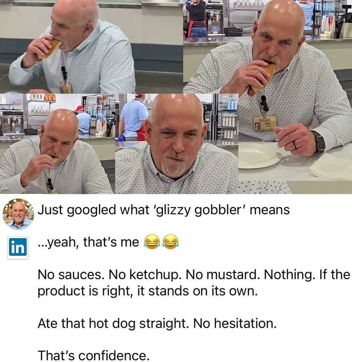 Man eating hot dog confidently without condiments in fast food restaurant, illustrating unusual eating habits and humor.