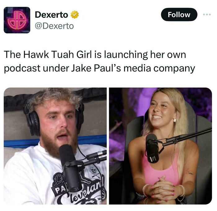 Two people wearing headphones and speaking into microphones during a podcast, reflecting depressing posts about current times.