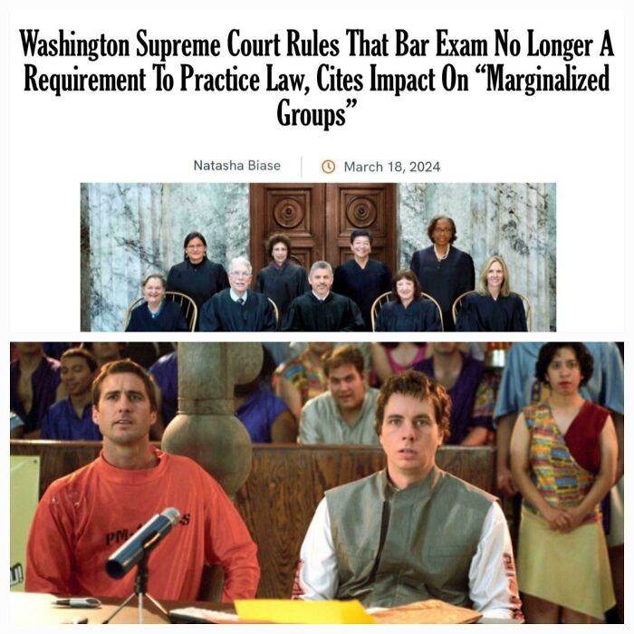 Headline about Washington Supreme Court changing bar exam rules with image from a courtroom scene showing confused individuals.
