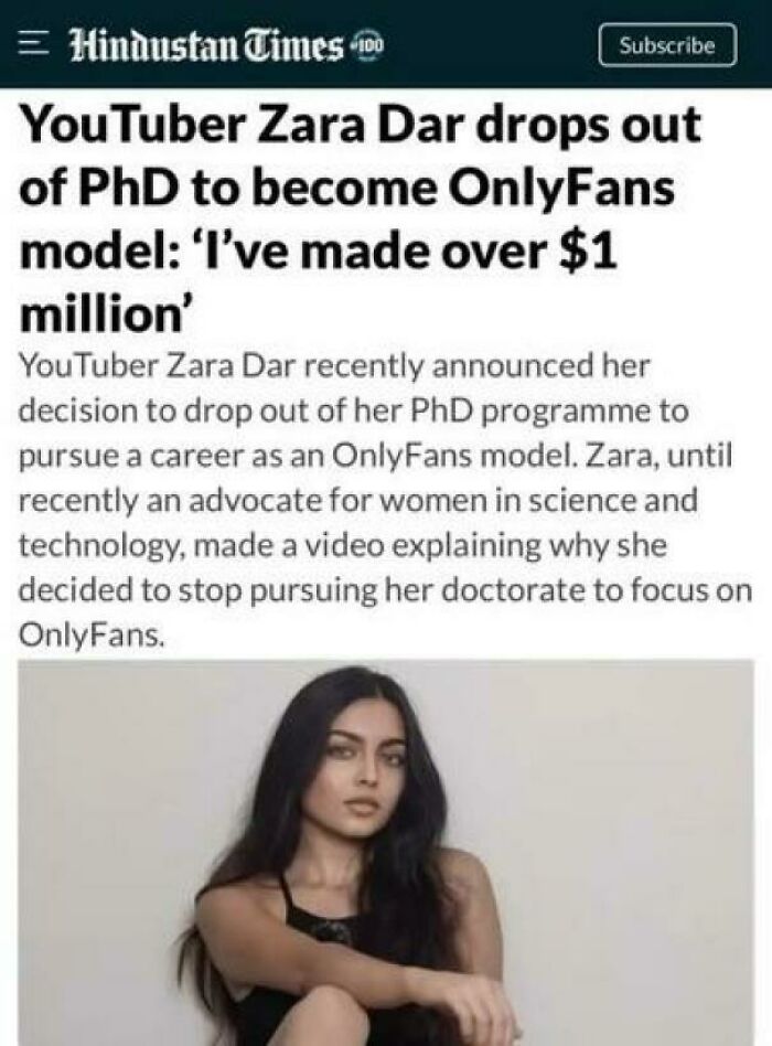 News article about YouTuber Zara Dar dropping out of PhD to become OnlyFans model, highlighting 79 depressing posts on stupidity.
