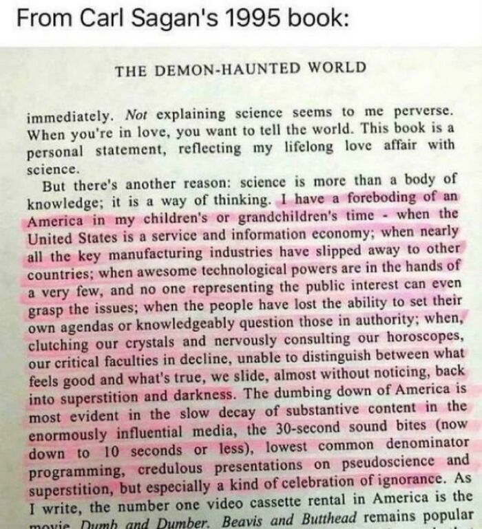 Excerpt from Carl Sagan's book highlighting foreboding of America’s decline in science and rise of ignorance today.