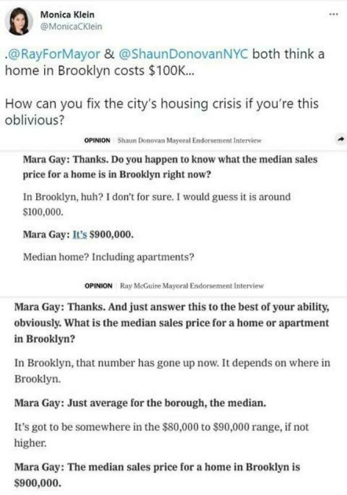 Tweet highlighting a housing crisis misunderstanding in Brooklyn, showing absurdly low median home price estimates.